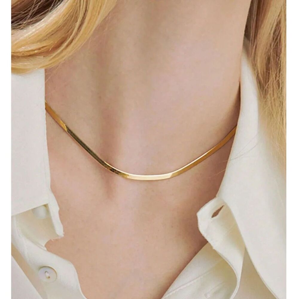 Gold Stainless Steel Herringbone Necklace 18" Chain Collar Choker Adjstble Layer
